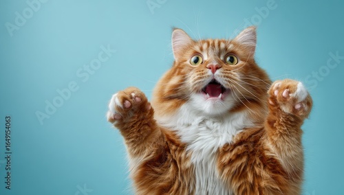 Ginger cat, paws up, surprised expression