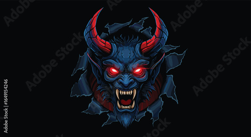 Demonic monster illustration, red glowing eyes, terrifying beast, fantasy horror art, sharp fangs, evil creature, breaking wall, scary demon face, dark background
