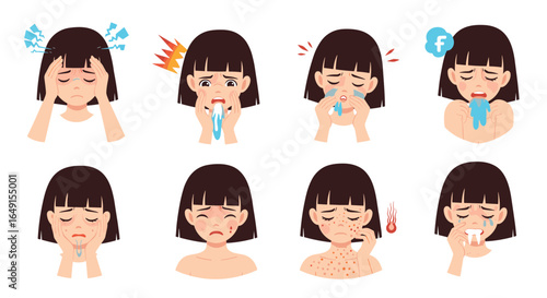 Illustrations of various common childhood illnesses and symptoms presented in a clear and understandable manner for educational purposes