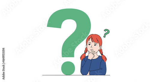 Curious young girl ponders a large green question mark symbol while thinking deeply