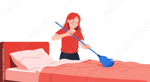 Young woman with red hair cleaning a red bed with a blue mop on a white background