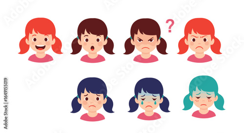 Collection of cartoon girls expressing various emotions like happiness surprise anger sadness and confusion