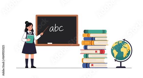 A young teacher confidently points to the abcs written on a blackboard with a stack of books and a globe nearby symbolizing education and learning