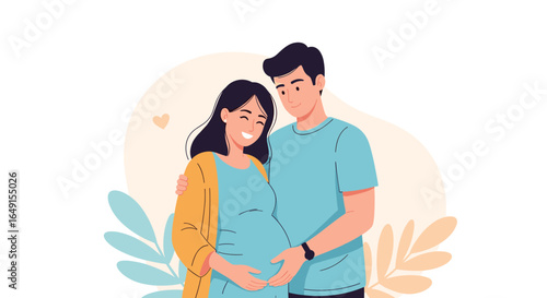A happy expectant couple embraces joyfully during pregnancy preparing for their new family journey together