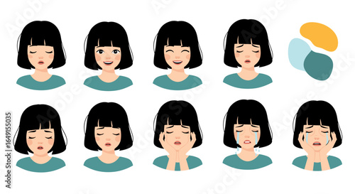 Collection of diverse emotional expressions by a young girl with dark bob hair and teal shirt
