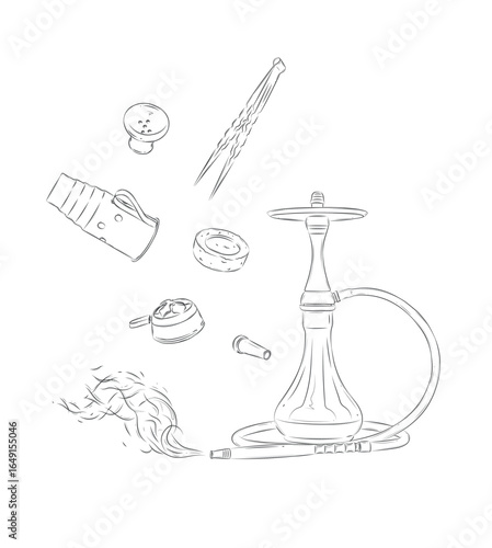 Hookah and accessories set bowl, coal, tongs, heat management, hose, vase, wind shield drawing with black on white background