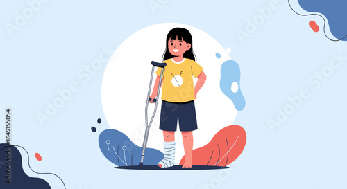 Young girl with broken leg and arm using crutches and walking cast feeling happy