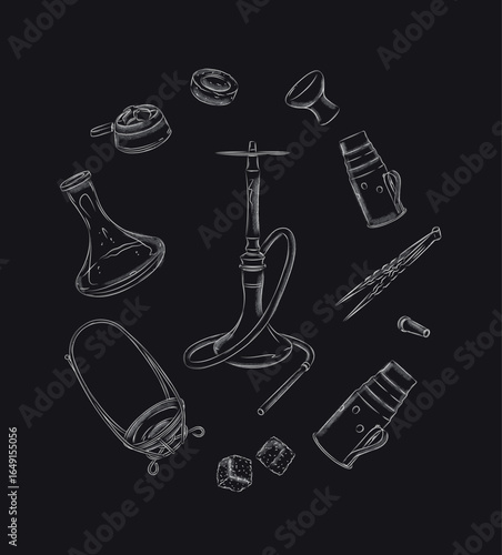 Hookah and accessories collection bowl, coal holder, tongs, heat management, hose, vase, wind shield drawing with white on black background