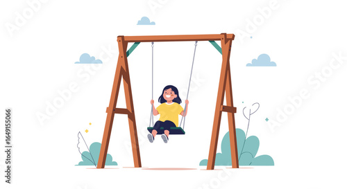 A happy young girl enjoying a swinging motion on a wooden swing set in an outdoor park setting