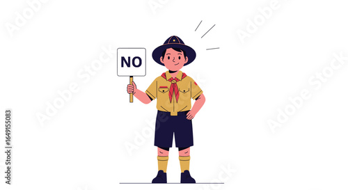A young boy scout stands confidently holding a sign that says no with a smile on his face and his hand on his hip