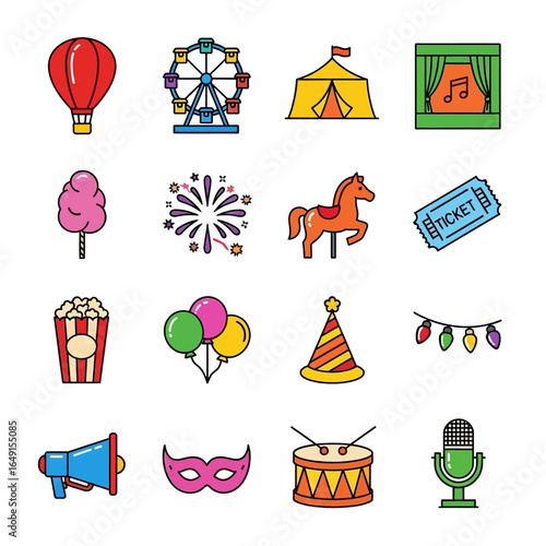 Colorful fair icons represent amusement events celebrations