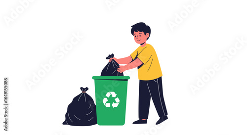 A young boy wearing a yellow t-shirt and blue pants is putting a black garbage bag into a green recycling bin with a white recycling symbol on it and another garbage bag to the left