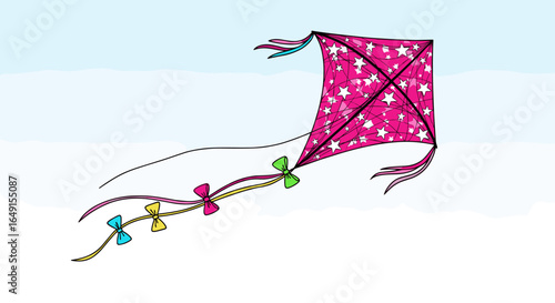 A vibrant pink star patterned kite soaring gracefully against a clear blue sky on a breezy day