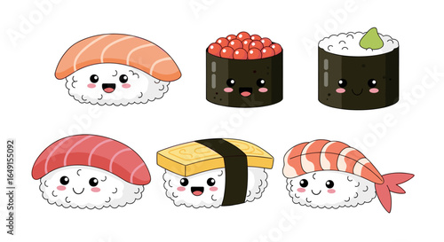 Kawaii japanese food delicacies featuring adorable sushi rolls and nigiri with cute faces and vibrant colors