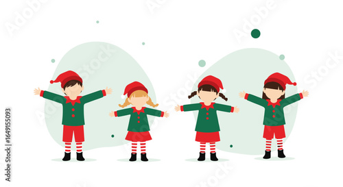 Four adorable festive elves stretching and dancing together joyfully celebrating the christmas season