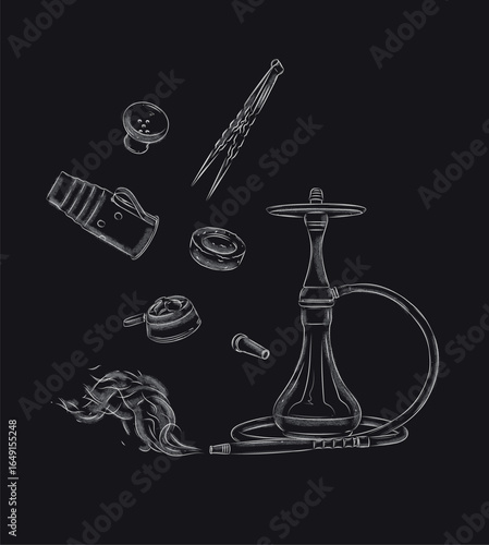 Hookah and accessories set bowl, coal, tongs, heat management, hose, vase, wind shield drawing with white on black background
