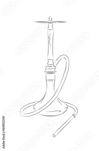 Hookah shisha with hose silhouette drawing in vintage graphic style with black on white background