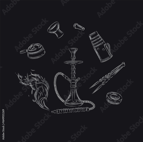Hookah and accessories set bowl, coal, tongs, heat management, hose drawing with white on black background