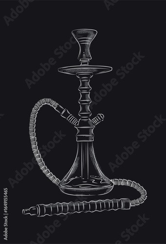 Hookah shisha styled with hose and tobacco bowl silhouette drawing in vintage graphic style with white on black background