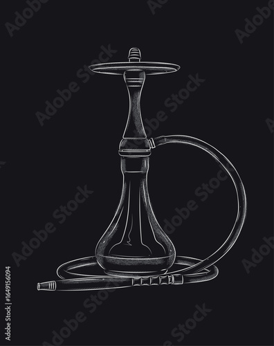 Hookah for smoking flavor tobacco silhouette drawing in vintage graphic style with white on black background