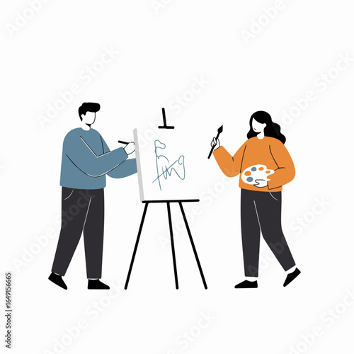 Creative couple engaged in artistic expression: Man drawing on an easel while woman prepares to paint with a palette.