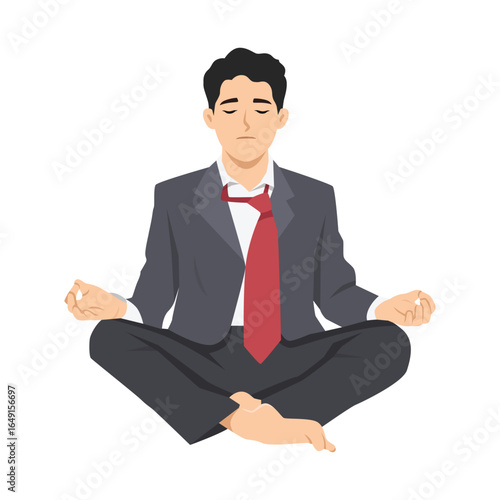 Businessman in a suit sits cross legged in a meditative pose, finding calm and balance. Flat Vector character illustration