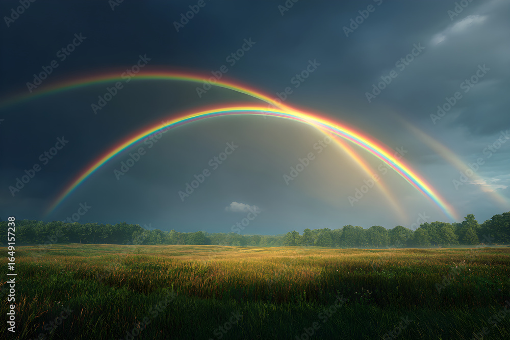 Obraz premium A Majestic Display of Dual Rainbows Arcing Gracefully Over an Expansive, Sunlit Field Capturing Nature's Beauty in a Moment of Serene Tranquility and Awe-Inspiring Wonder