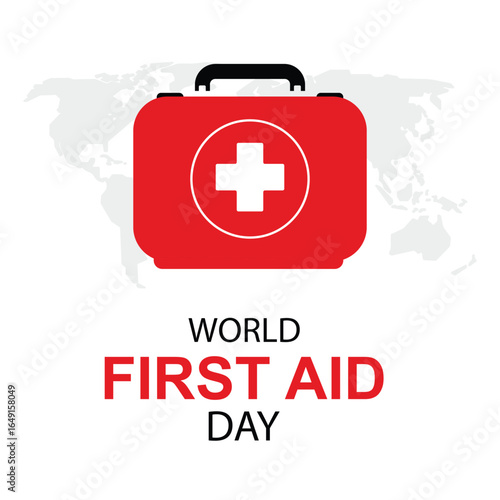 World first aid day. Global observance held on the second Saturday in September. First aid with world map on white background. 