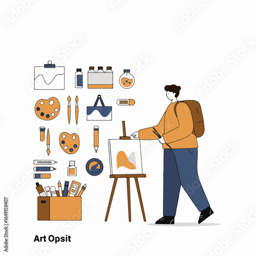 Artist painting on an easel surrounded by various art supplies. A creative illustration depicting artistic expression, hobby, and the tools of creation.