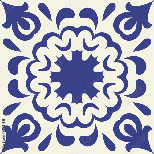 Mediterranean ceramic blue seamless tile pattern, tamplate of square stamp, carving template, rotational symmetry, arabic style, isolated on white background