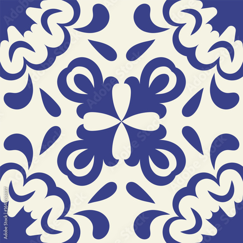 Mediterranean ceramic blue seamless tile pattern, tamplate of square stamp, carving template, rotational symmetry, arabic style, isolated on white background