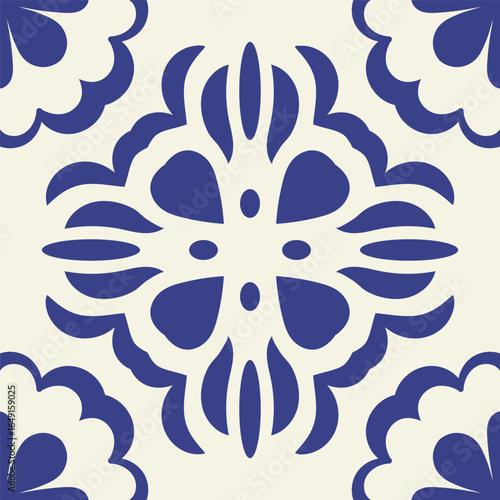 Mediterranean ceramic blue seamless tile pattern, tamplate of square stamp, carving template, rotational symmetry, arabic style, isolated on white background