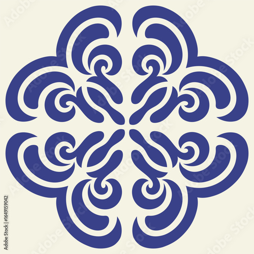 Mediterranean ceramic blue seamless tile pattern, tamplate of square stamp, carving template, rotational symmetry, arabic style, isolated on white background