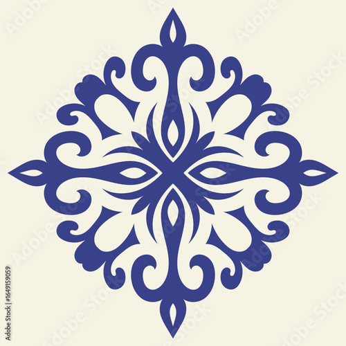 Mediterranean ceramic blue seamless tile pattern, tamplate of square stamp, carving template, rotational symmetry, arabic style, isolated on white background