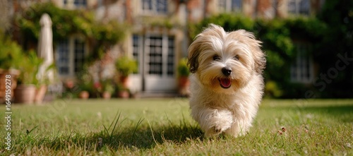 Happy dog running in a lush garden,  a charming house in the background