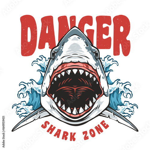 Warning sign featuring a shark and waves design