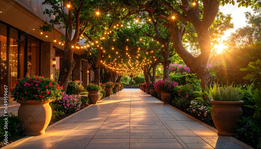 Obraz premium Pathway Lined with Flowers and Lights at Sunset, Creating a Romantic Ambiance