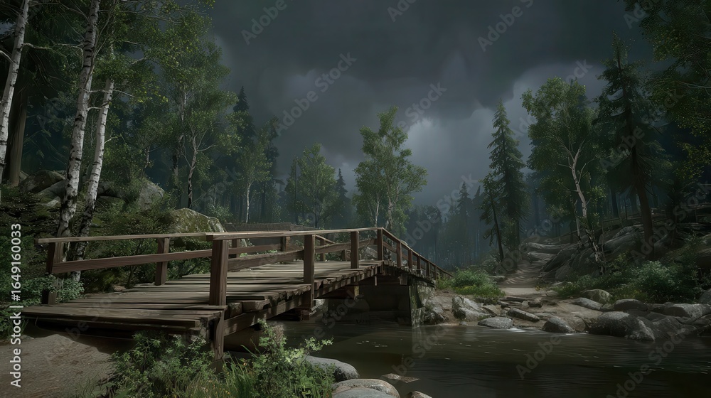 Fototapeta premium Wooden bridge over a stream in a dense forest.