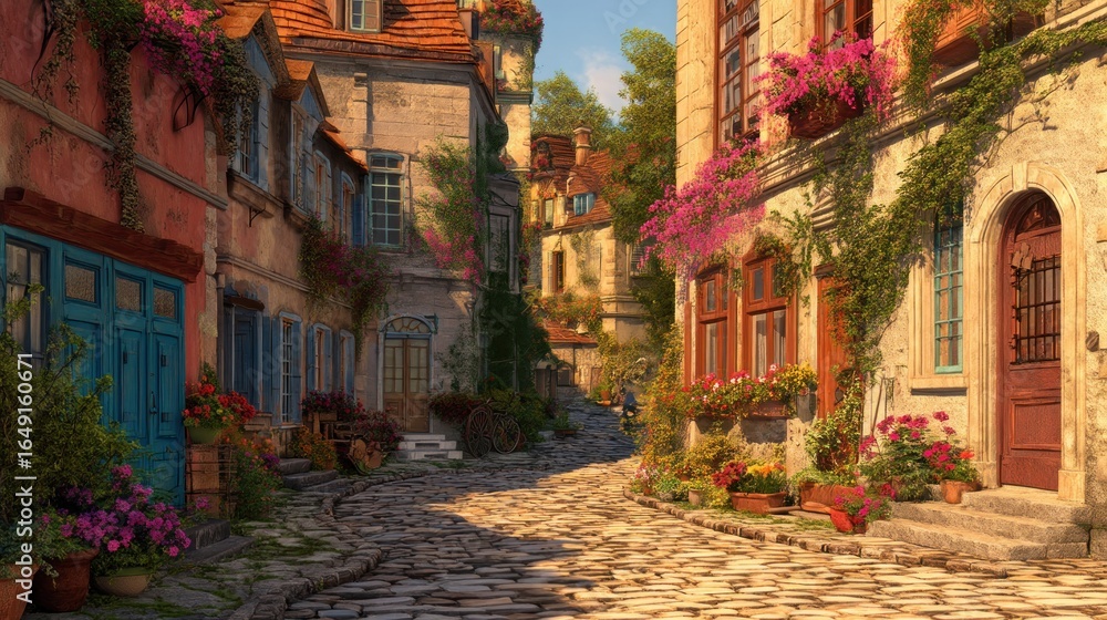 Fototapeta premium Quaint European alleyway filled with flowers