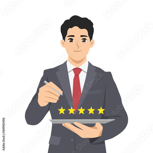Businessman in a suit gives a five star rating on a digital tablet, symbolizing excellence. Flat Vector character illustration