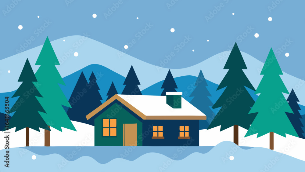 Fototapeta premium Cozy winter cabin nestled among snow covered pine trees and rolling hills