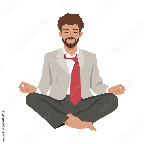 Businessman in suit sits cross legged in a meditative pose, finding calm and balance. Flat Vector character illustration
