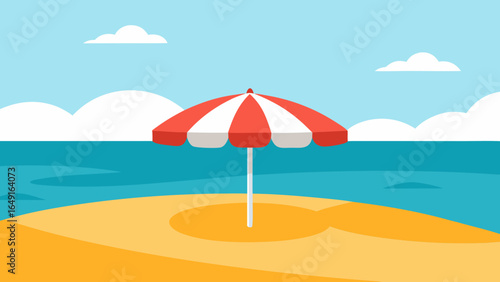 A solitary red and white striped beach umbrella stands on a sandy shore beside the ocean