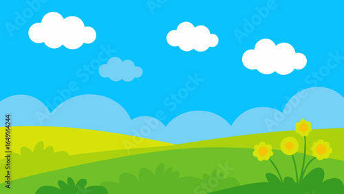 Bright cartoon landscape with rolling green hills and yellow flowers under a blue sky