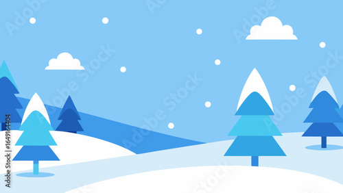 Stylized winter landscape with snow falling and blue trees