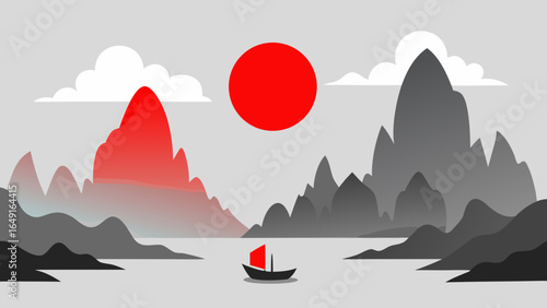 Serene minimalist landscape with a red sun over mountains and a sailboat