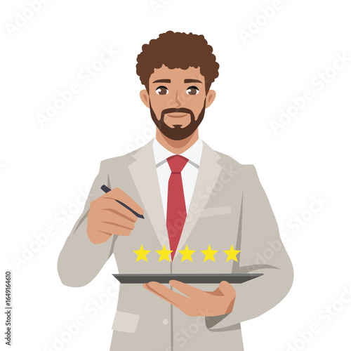 Businessman in suit gives a five star rating on a digital tablet, symbolizing excellence. Flat Vector character illustration