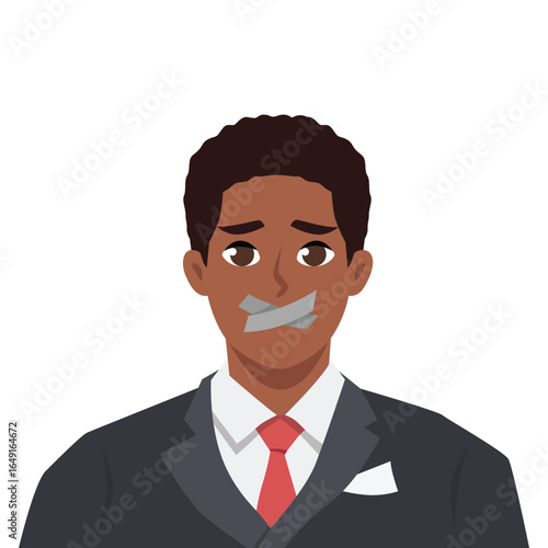 Businessman in suit has tape over his mouth, representing the inability to speak freely. Flat Vector character illustration