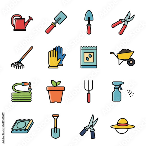 Gardening icons depict tools equipment accessories plants outdoors scene