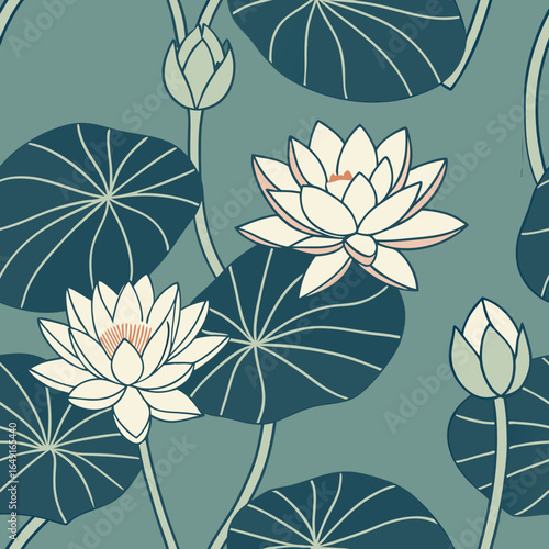 A seamless repeat pattern featuring white water lilies and large leaves on a muted teal background